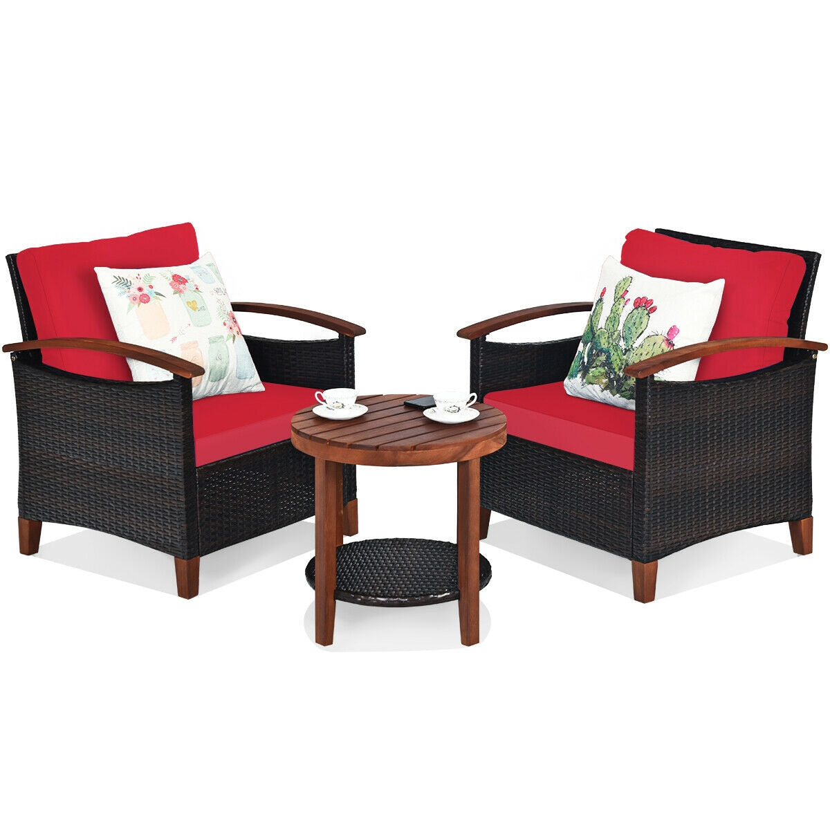 3 Pcs Solid Wood Frame Patio Rattan Furniture Set, Red
