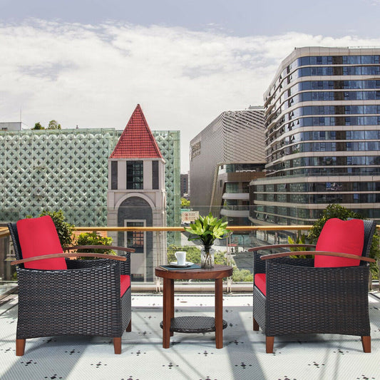 3 Pcs Solid Wood Frame Patio Rattan Furniture Set, Red Patio Conversation Sets Red at Gallery Canada