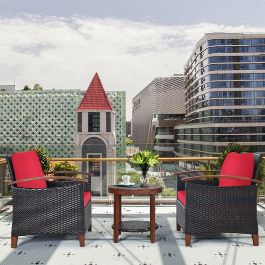 3 Pcs Solid Wood Frame Patio Rattan Furniture Set, Red Patio Conversation Sets Red at Gallery Canada