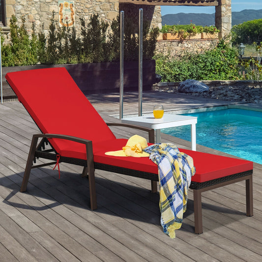 Rattan Lounge Chaise Recliner, Adjustable Back, Cushioned, Red Outdoor Chaise Lounges Red at Gallery Canada