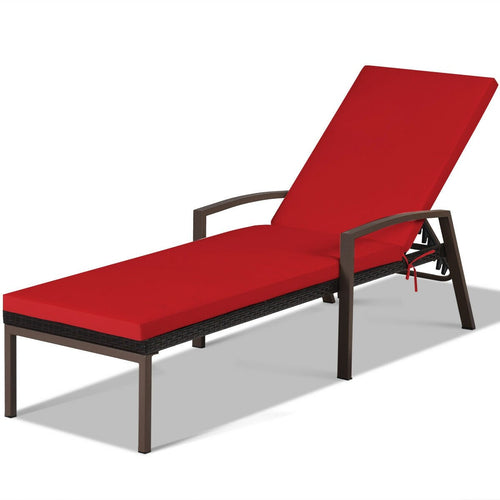 Patio Rattan Lounge Chaise Recliner with Back Adjustable Cushioned, Red