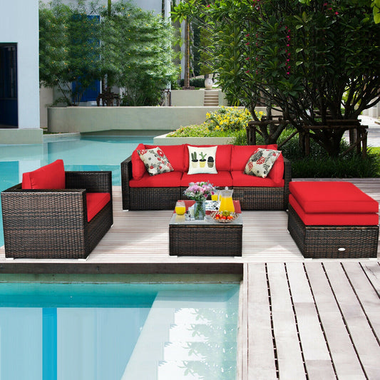 6 Piece Patio Rattan Furniture Set, Sectional Cushion, Red Outdoor Sectionals Red at Gallery Canada