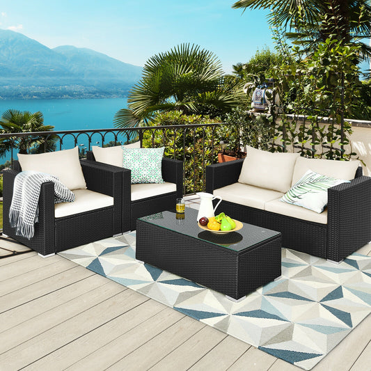 4 Piece Patio Rattan Cushioned Furniture Set, White Patio Conversation Sets White at Gallery Canada