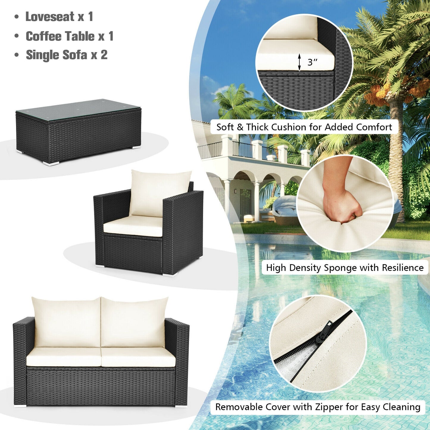 4 Piece Patio Rattan Cushioned Furniture Set, White Patio Conversation Sets at Gallery Canada