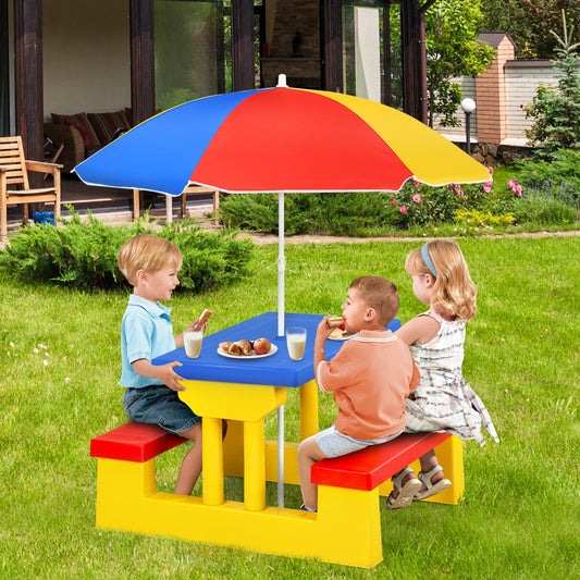 Kids Picnic Table And Bench Set, With Umbrella, Yellow