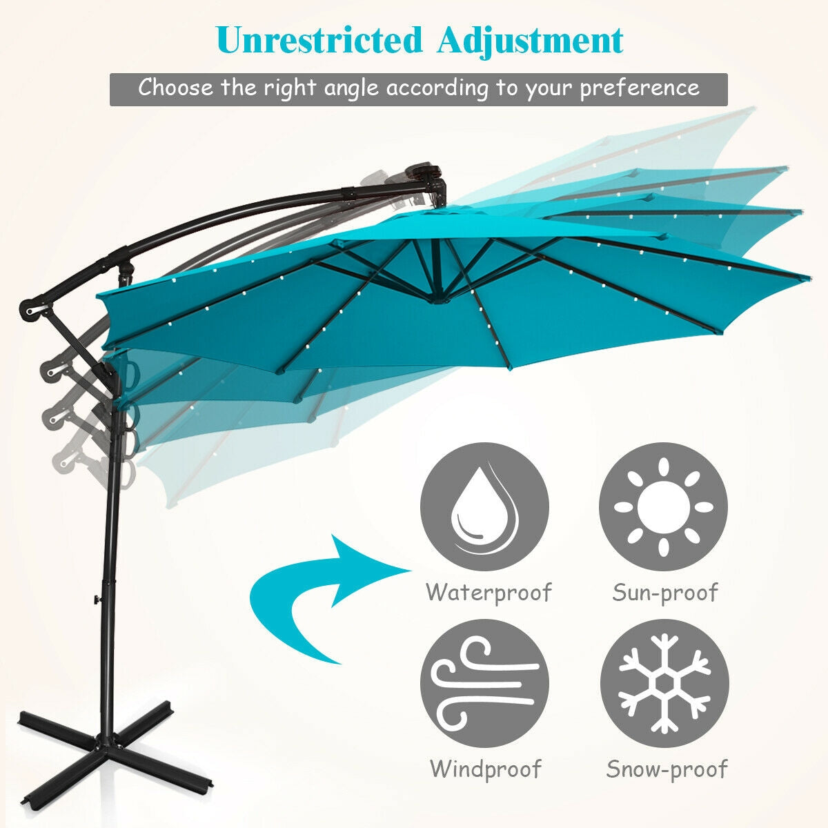 10 ft Solar Powered LED Patio Umbrella, 360° Rotation, Turquoise Outdoor Umbrellas at Gallery Canada