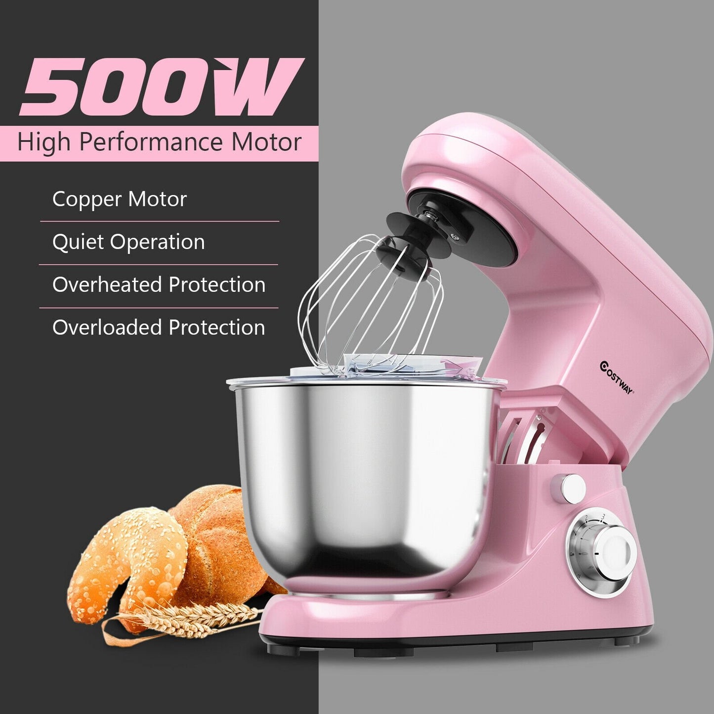 5.3 Qt Stand Kitchen Food Mixer 6 Speed with Dough Hook Beater, Pink at Gallery Canada