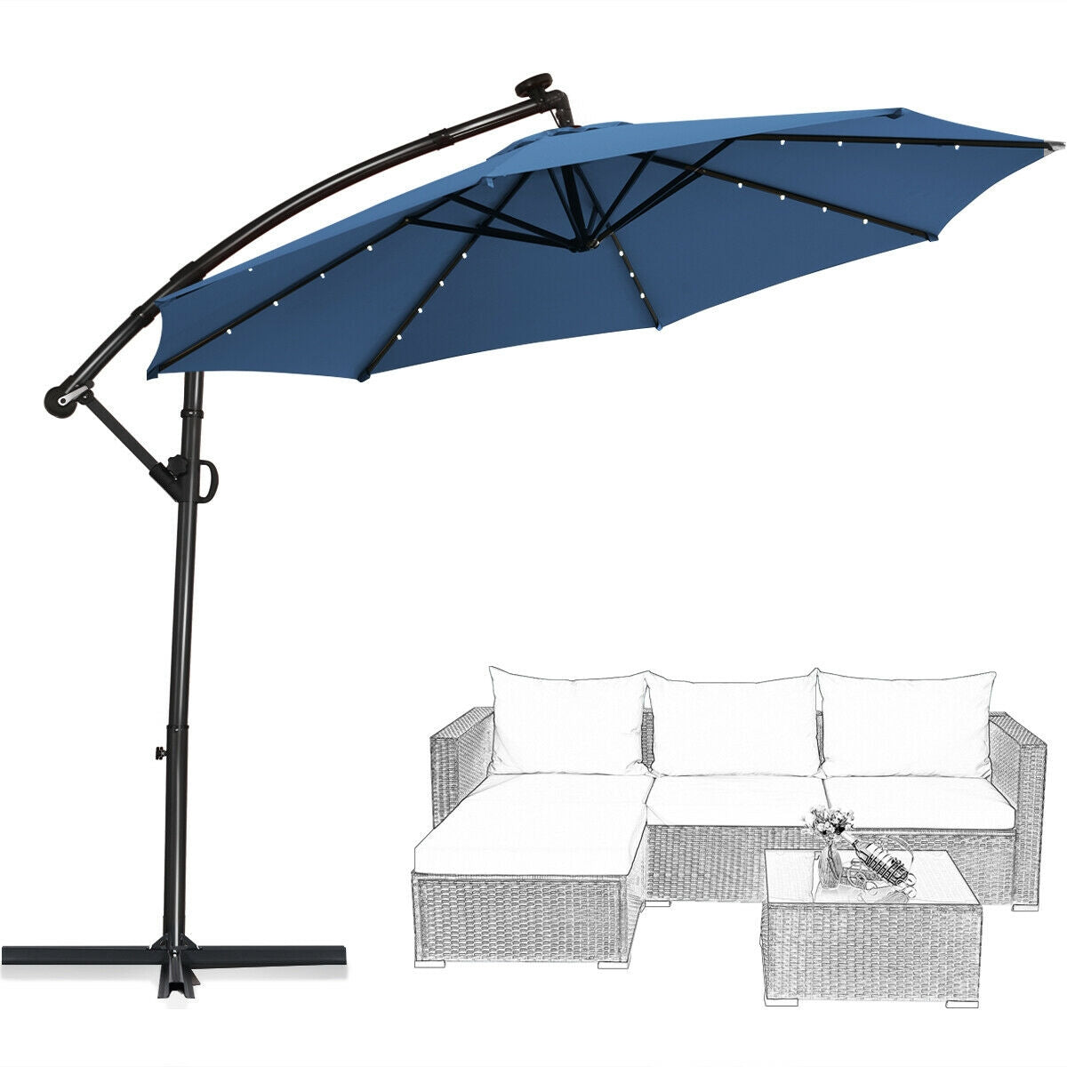 10 ft Solar Powered LED Patio Umbrella, 360° Rotation, Blue