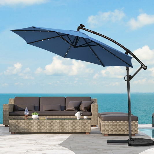 10 ft Solar Powered LED Patio Umbrella, 360° Rotation, Blue Outdoor Umbrellas Blue at Gallery Canada