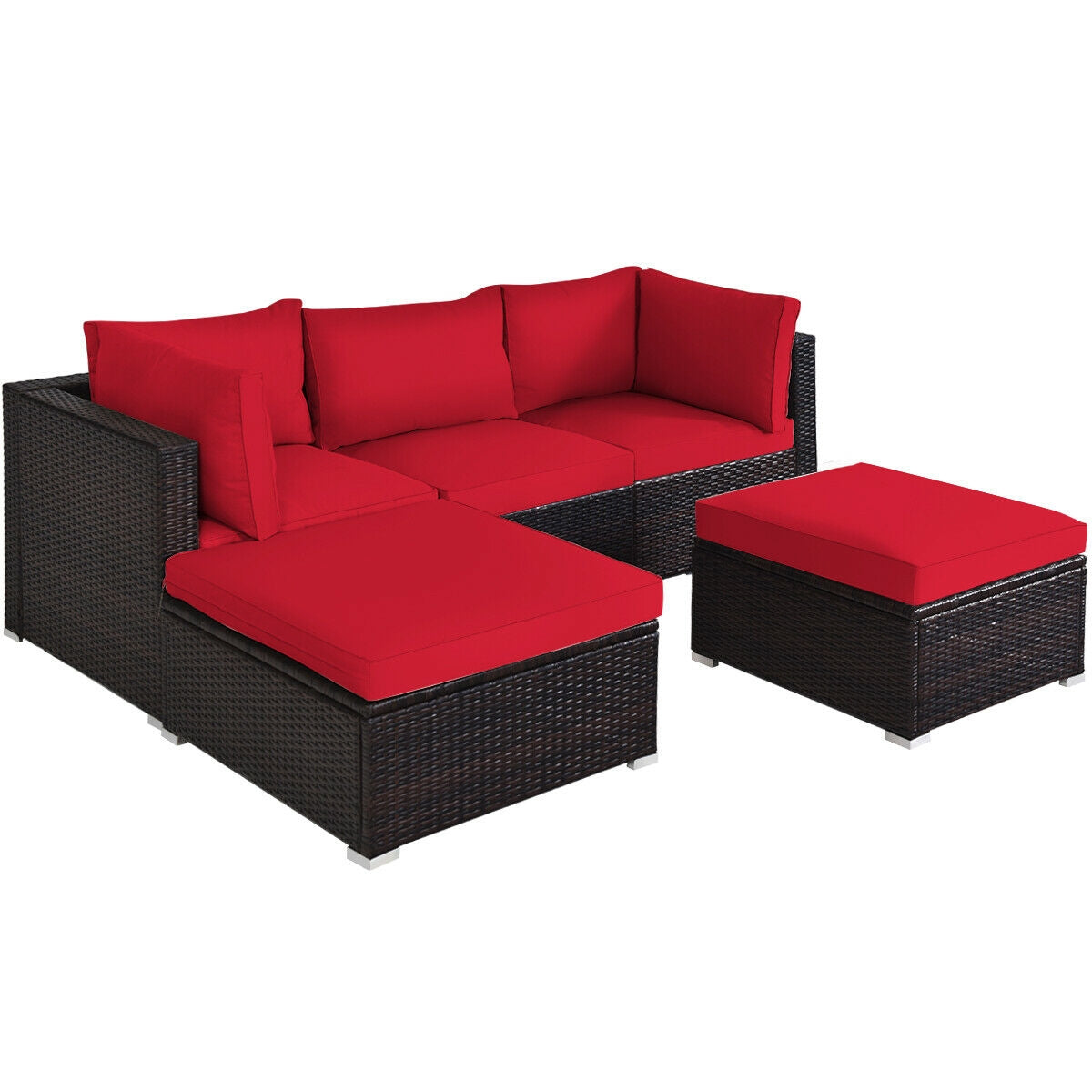 5 Piece Patio Rattan Sofa Set With Cushion, Ottoman, Red
