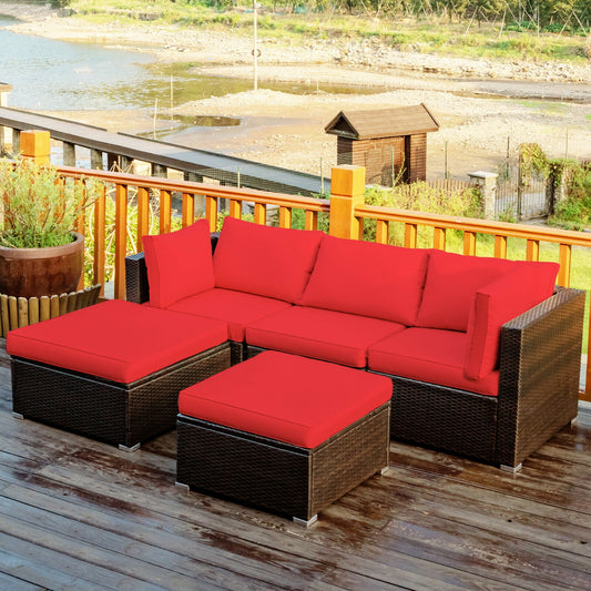 5 Piece Patio Rattan Sofa Set With Cushion, Ottoman, Red