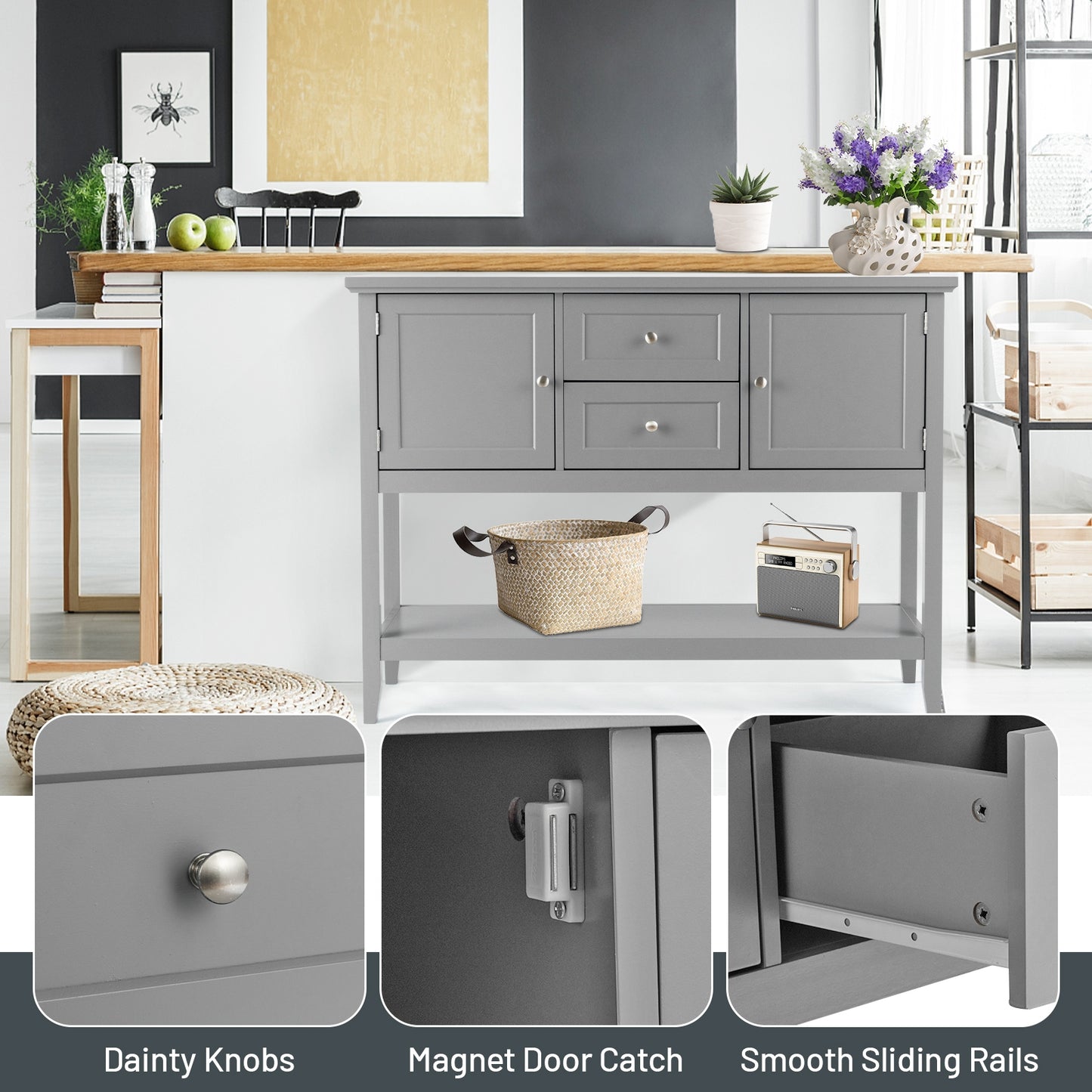 Wooden Sideboard Buffet Console Table with Drawers and Storage, Gray Console Tables at Gallery Canada