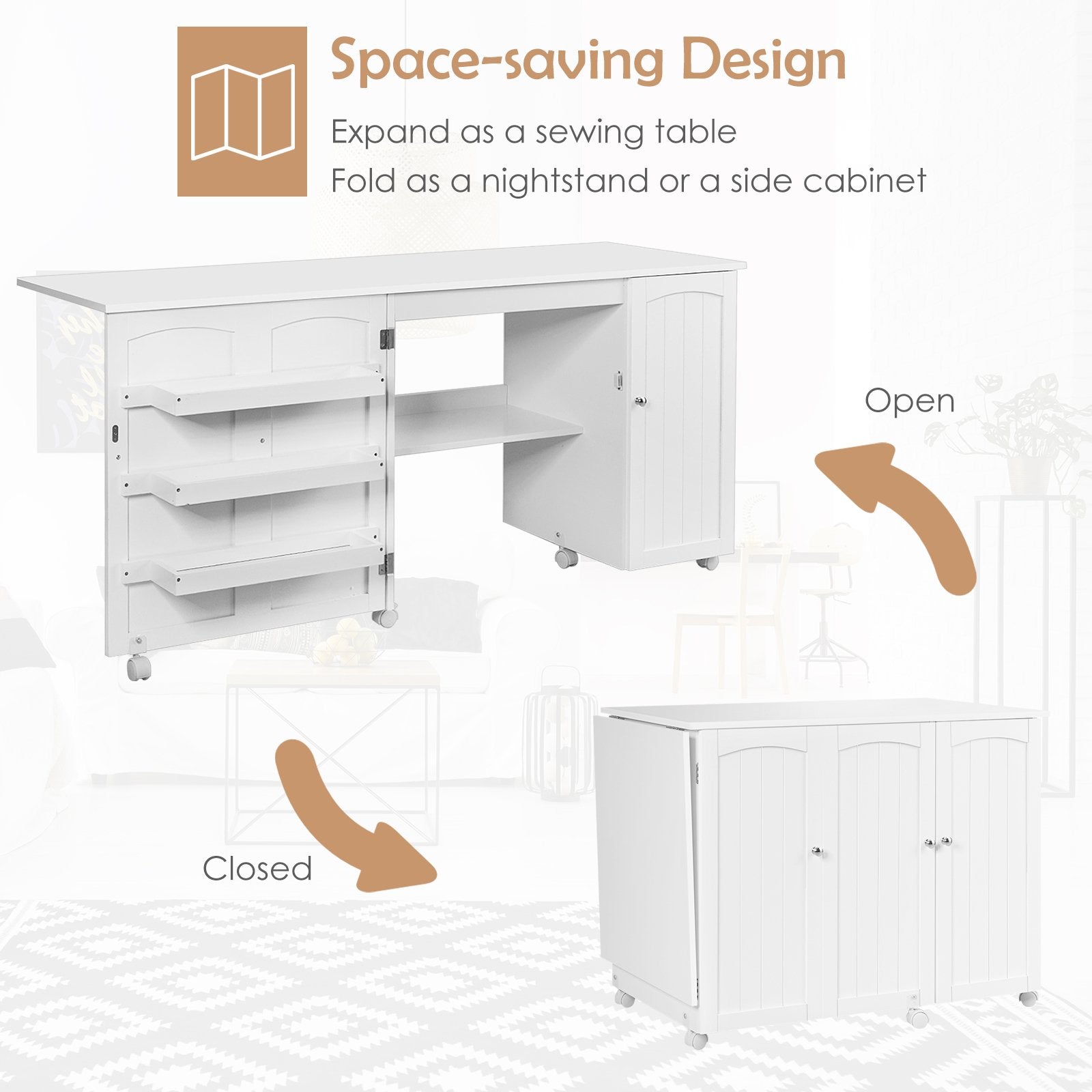 Folding Sewing Table Shelves Storage Cabinet Craft Cart with Wheels, White at Gallery Canada