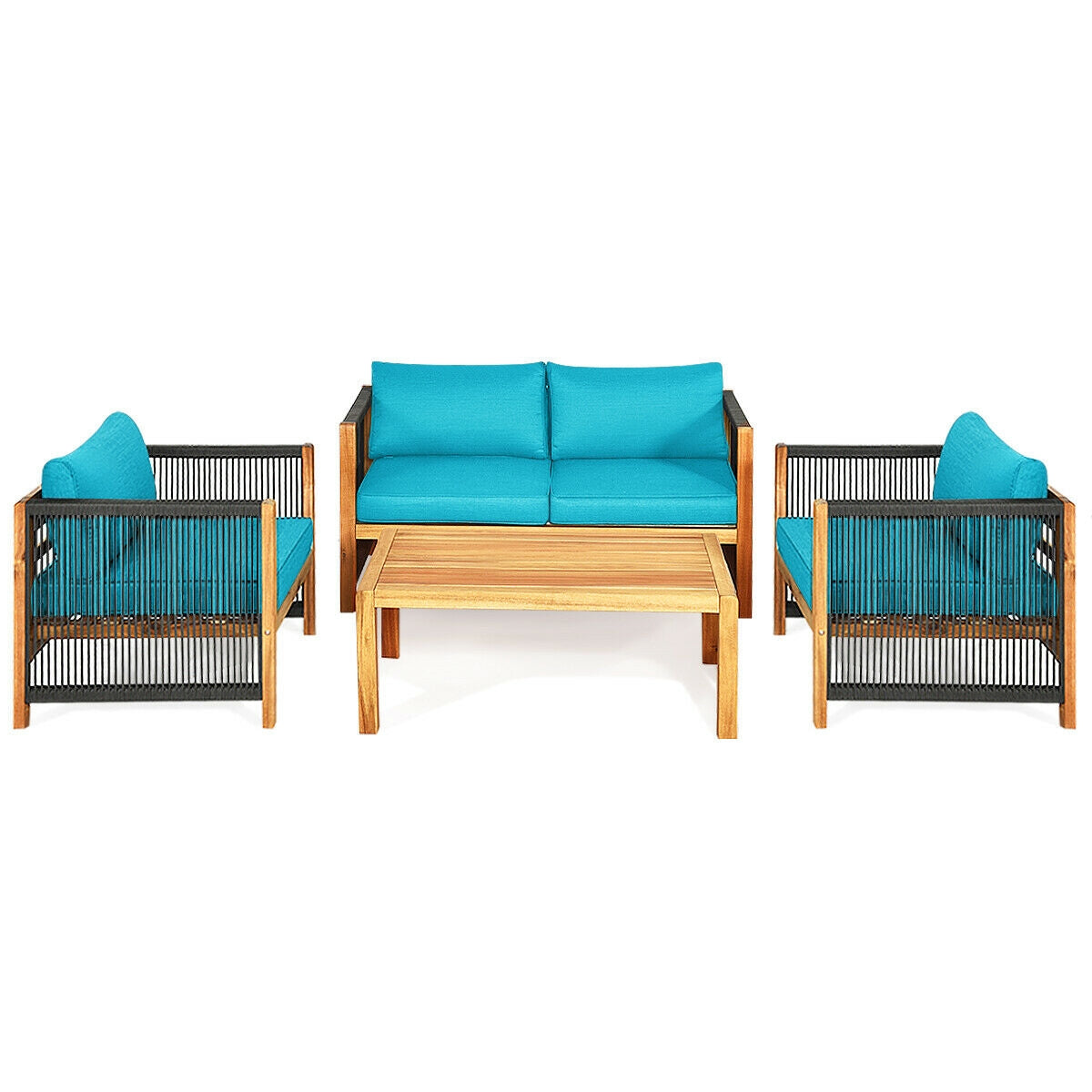 4 Pcs Acacia Wood Patio Furniture Set, Turquoise