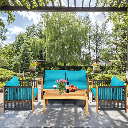 4 Pcs Acacia Wood Patio Furniture Set, Turquoise Patio Conversation Sets Turquoise at Gallery Canada