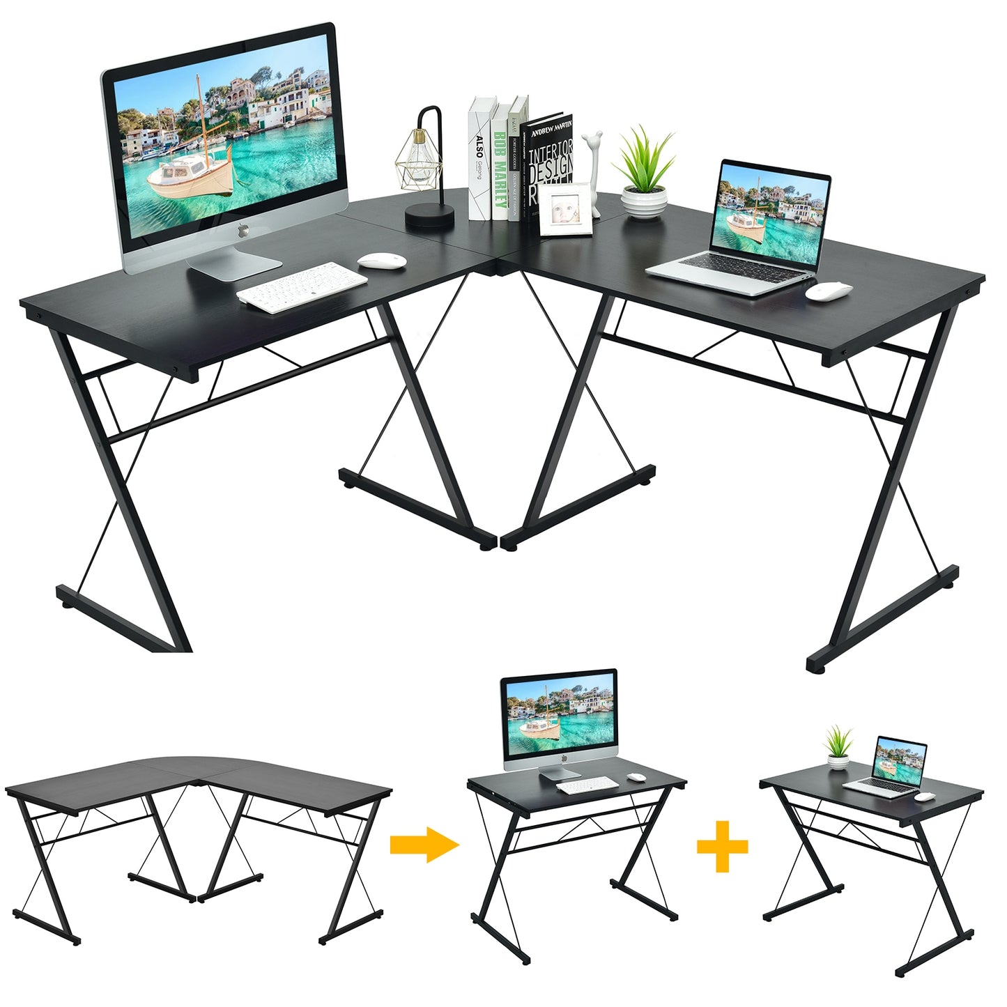 59 Inch L-Shaped Corner Desk, Home Office Computer Table, Black L-Shaped Desks at Gallery Canada