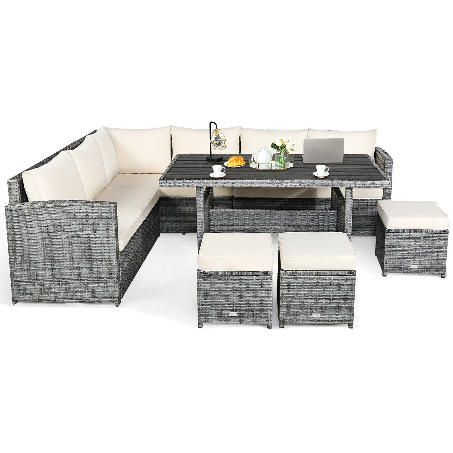 7 Pcs All-Weather Patio Rattan Dining Furniture Sectional Sofa Set with Wicker Ottoman and Cushed Couch, Beige Outdoor Sectionals at Gallery Canada