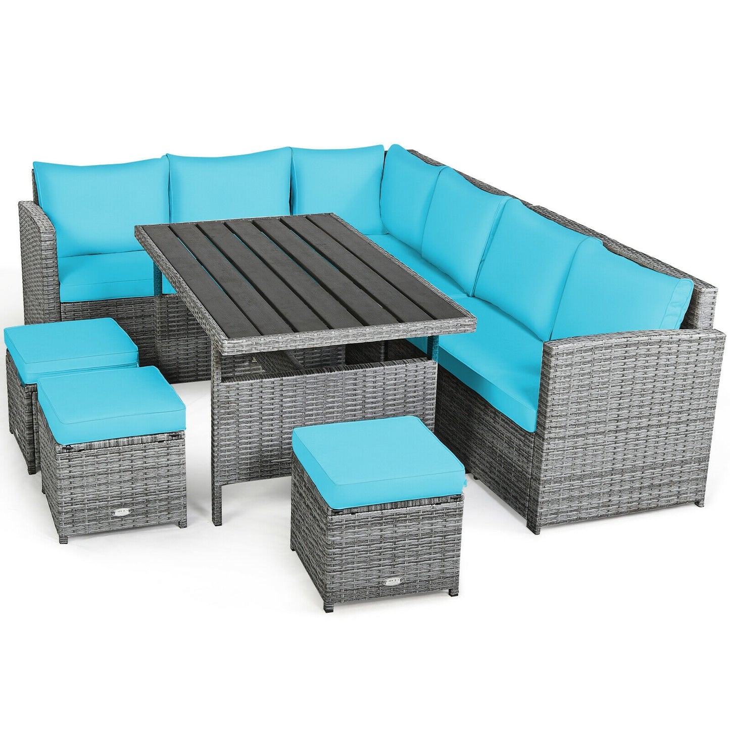 7-Piece Rattan Patio Dining Set, Sectional Sofa, Turquoise