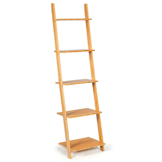 5-Tier Ladder Shelf Modern Bamboo Leaning Bookshelf Ladder Bookcase, Natural at Gallery Canada