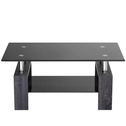 Rectangular Tempered Glass Coffee Table with Shelf, Gray at Gallery Canada