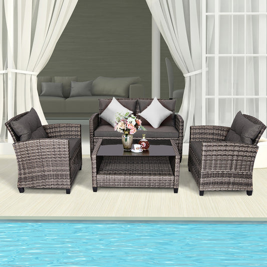 4 Pieces Patio Rattan Furniture Set Coffee Table Cushioned Sofa, Gray Patio Conversation Sets Gray at Gallery Canada