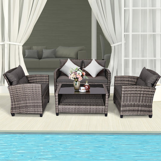 4 Pieces Patio Rattan Furniture Set Coffee Table Cushioned Sofa, Gray Patio Conversation Sets Gray at Gallery Canada