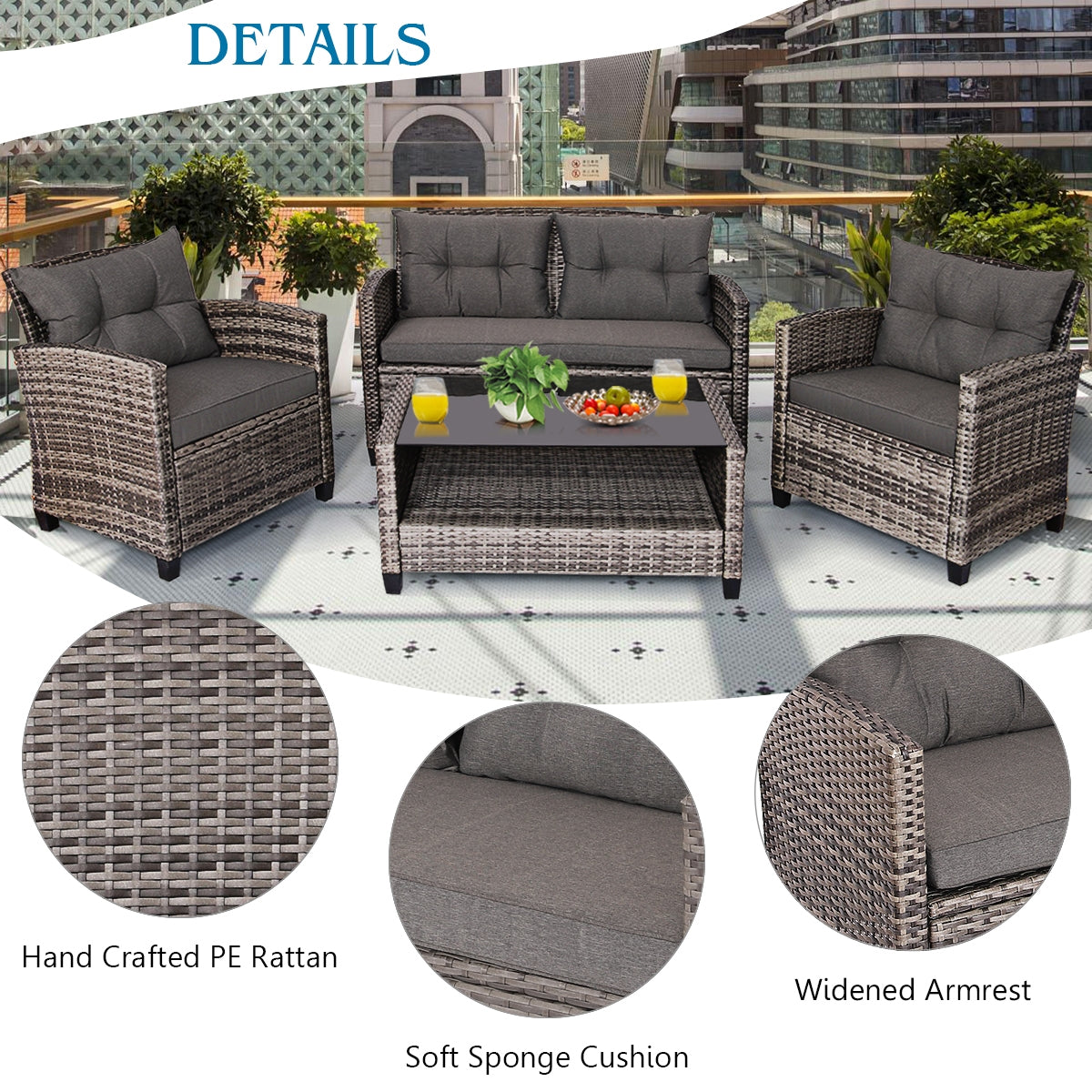 4 Pieces Patio Rattan Furniture Set Coffee Table Cushioned Sofa, Gray Patio Conversation Sets at Gallery Canada