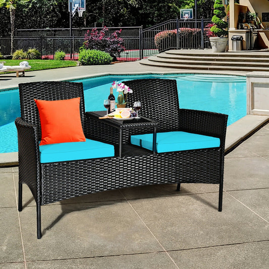 Wicker Patio Conversation Set With Removable Cushions, Turquoise