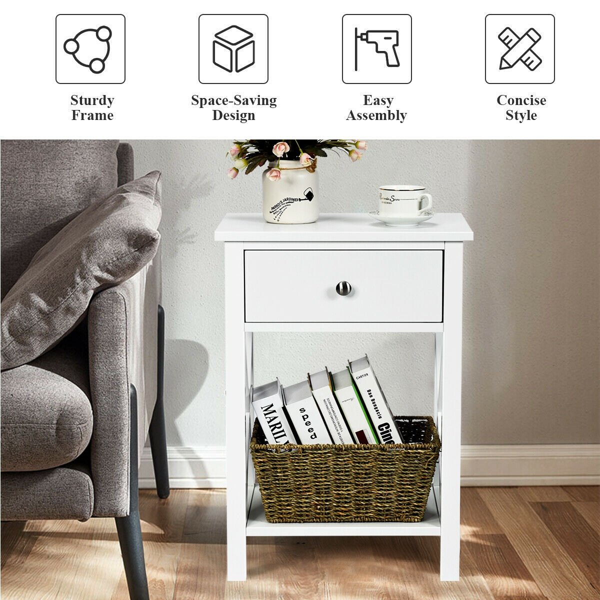 2pcs Bedroom Side End Nightstand with Drawer, White at Gallery Canada