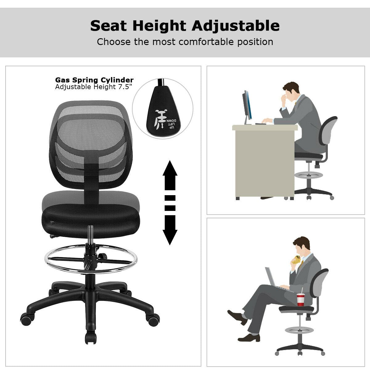 Adjustable Height Mid Back Mesh Drafting Office Chair, Black at Gallery Canada