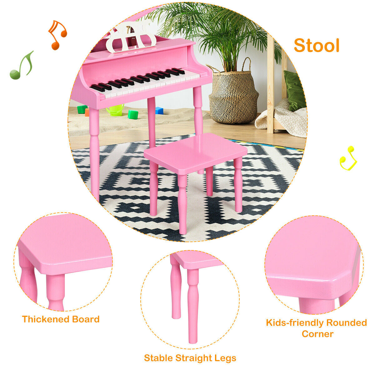 30-Key Kids Grand Piano With Bench, Music Rack, Pink