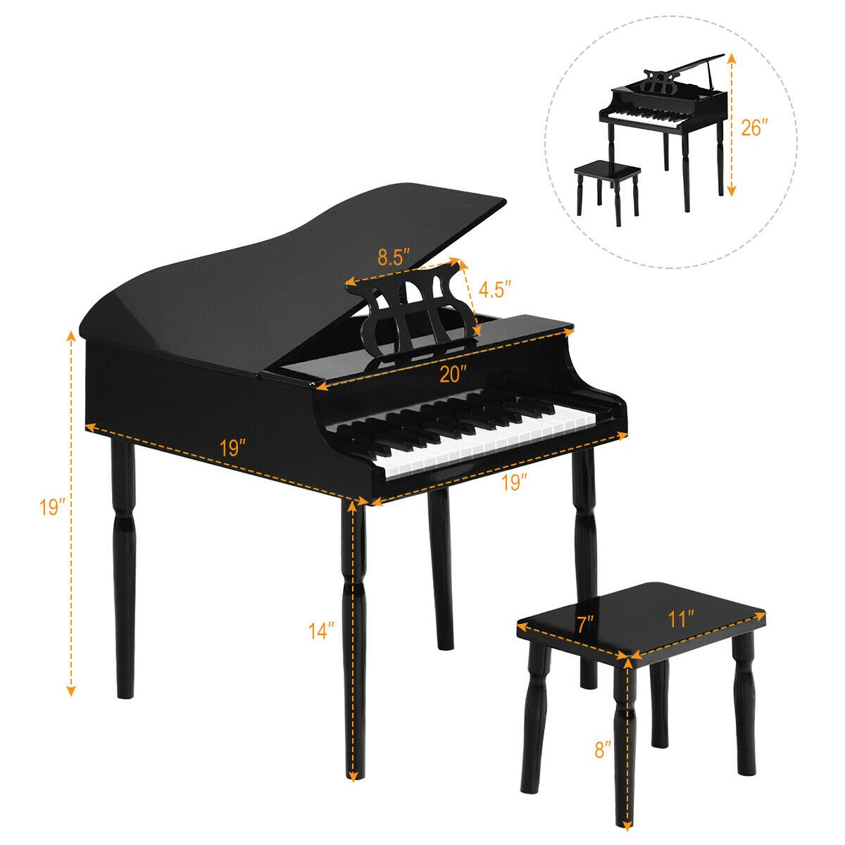 30-Key Wood Toy Kids Grand Piano with Bench and Music Rack, Black at Gallery Canada