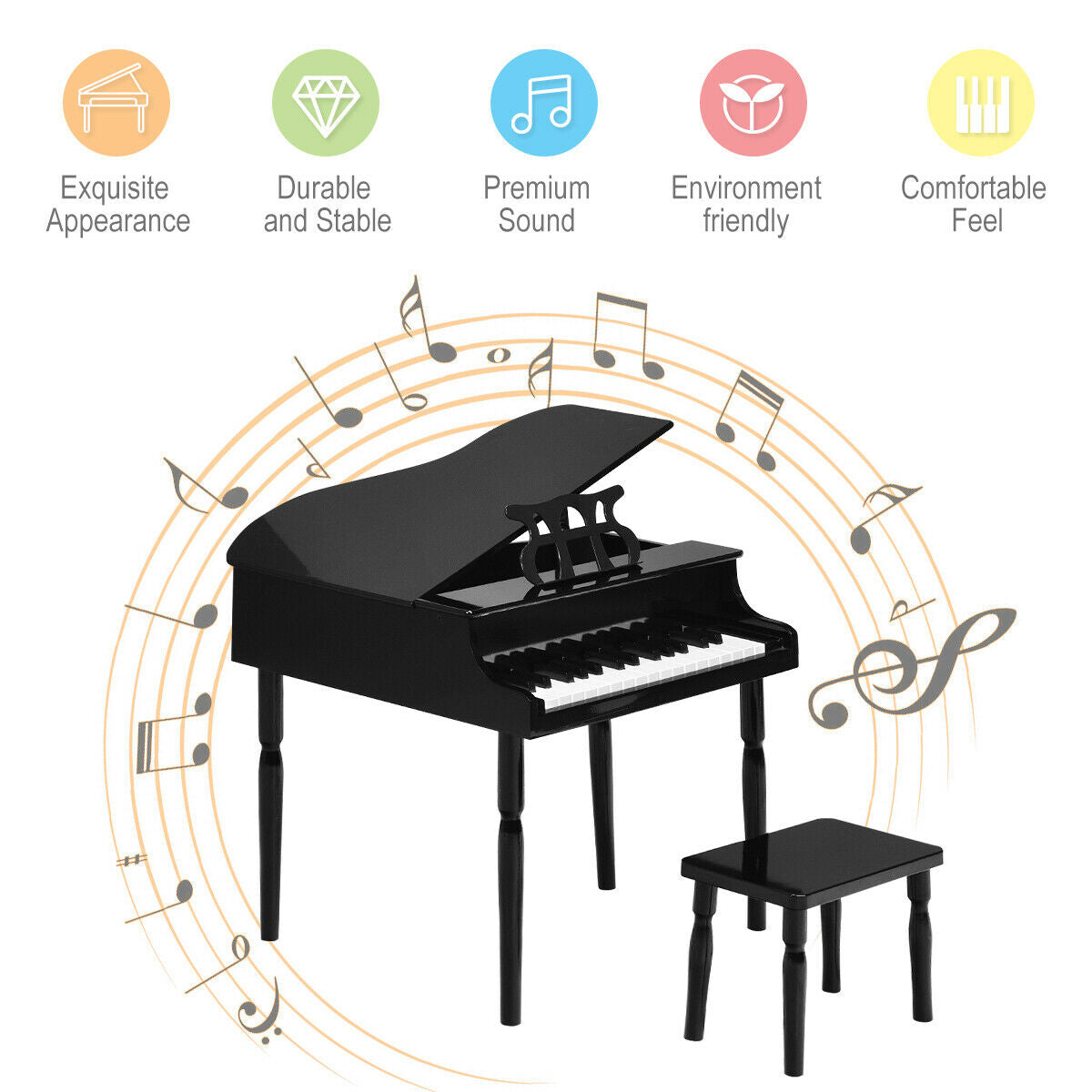 30-Key Wood Toy Kids Grand Piano, With Bench And Music Rack, Black Musical Toys at Gallery Canada