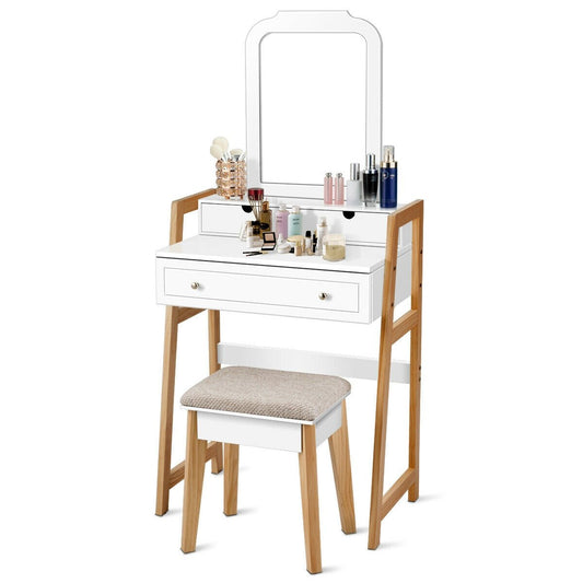 Vanity Table Set with Cushioned Stool and Large Mirror, White