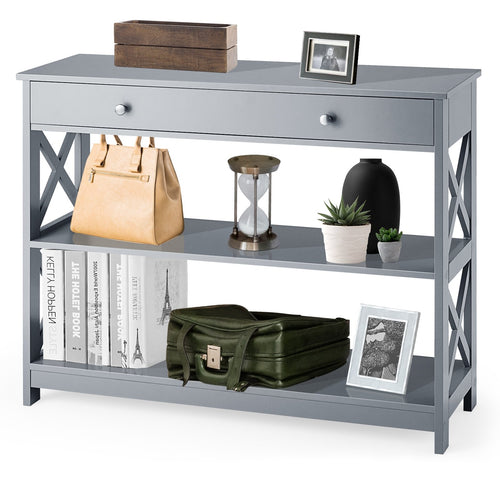 Console Table 3-Tier with Drawer and Storage Shelves, Gray