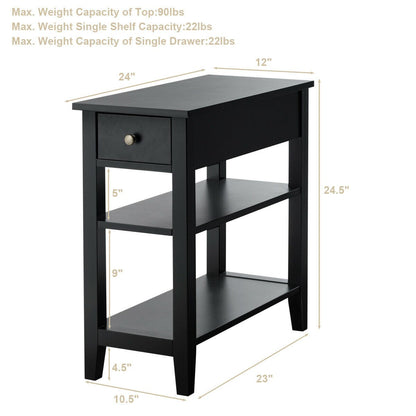 3-Tier Nightstand Bedside Table Sofa Side with Double Shelves Drawer, Black at Gallery Canada