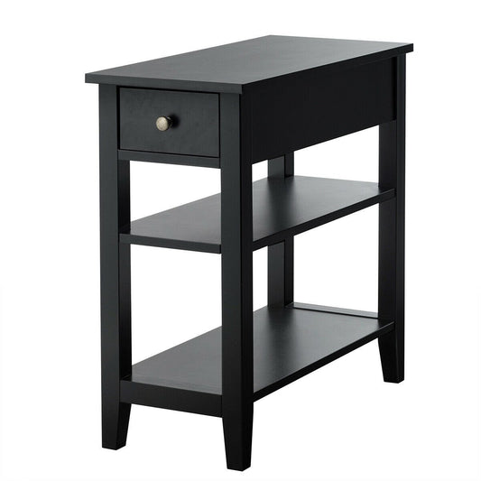 3-Tier Nightstand Bedside Table Sofa Side with Double Shelves Drawer, Black