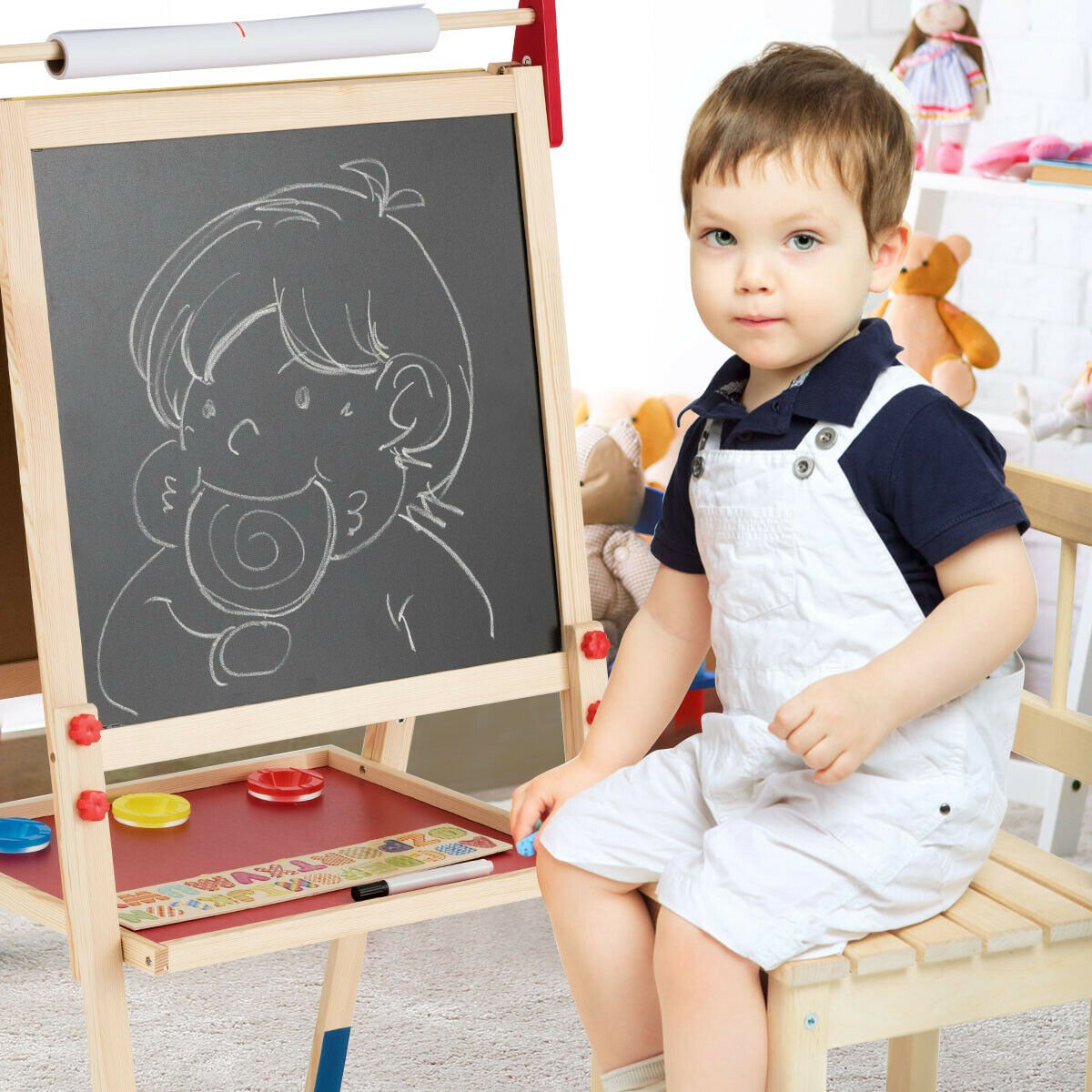 All-in-One Wooden Height Adjustable Kid's Art Easel with Magnetic Stickers and Paper, Multicolor at Gallery Canada