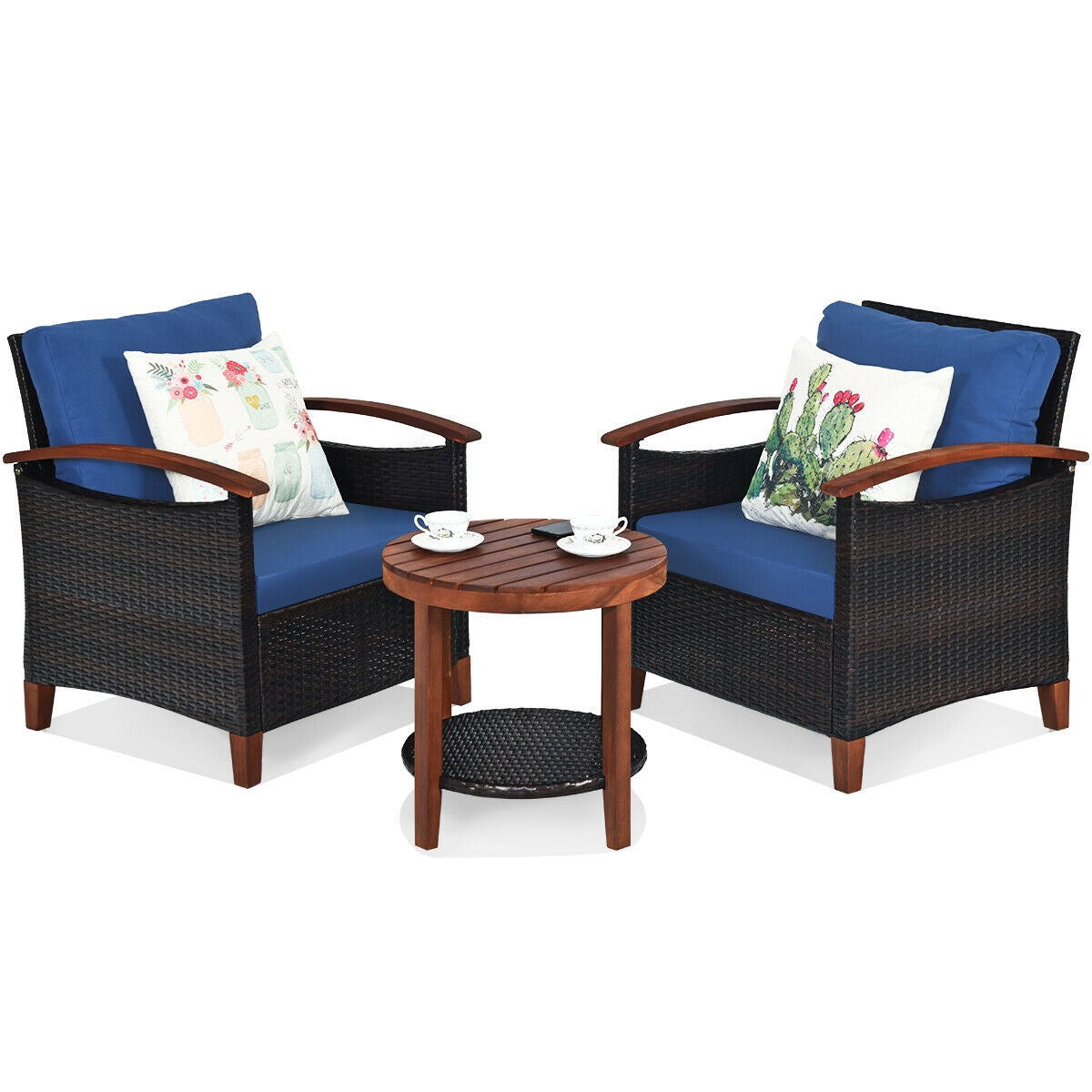 3 Pcs Solid Wood Rattan Patio Set, Blue