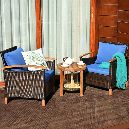 3 Pcs Solid Wood Frame Patio Rattan Furniture Set, Blue Patio Conversation Sets Blue at Gallery Canada