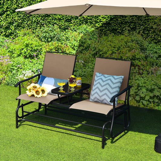 2-Person Double Rocking Loveseat, Mesh Fabric, Tempered Glass Table, Beige Patio Conversation Sets Beige at Gallery Canada