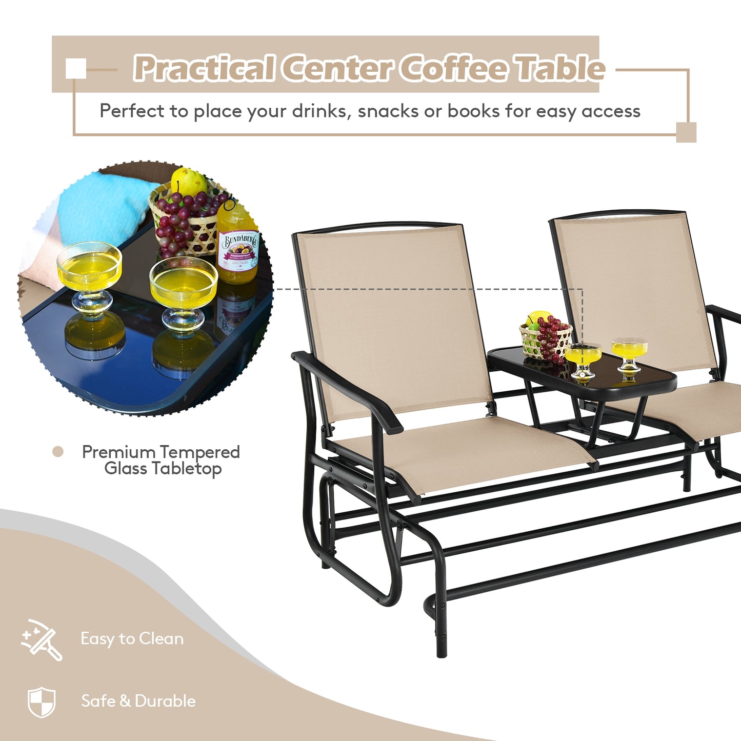 2-Person Double Rocking Loveseat, Mesh Fabric, Tempered Glass Table, Beige Patio Conversation Sets at Gallery Canada
