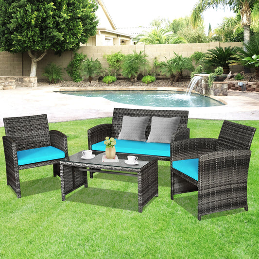 4 Piece Patio Rattan Furniture Set, Turquoise