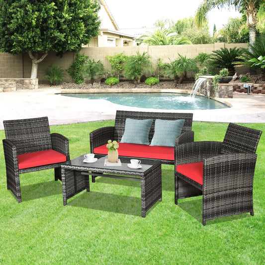 4 Piece Patio Rattan Furniture Set With Cushions, Red Patio Conversation Sets Red at Gallery Canada