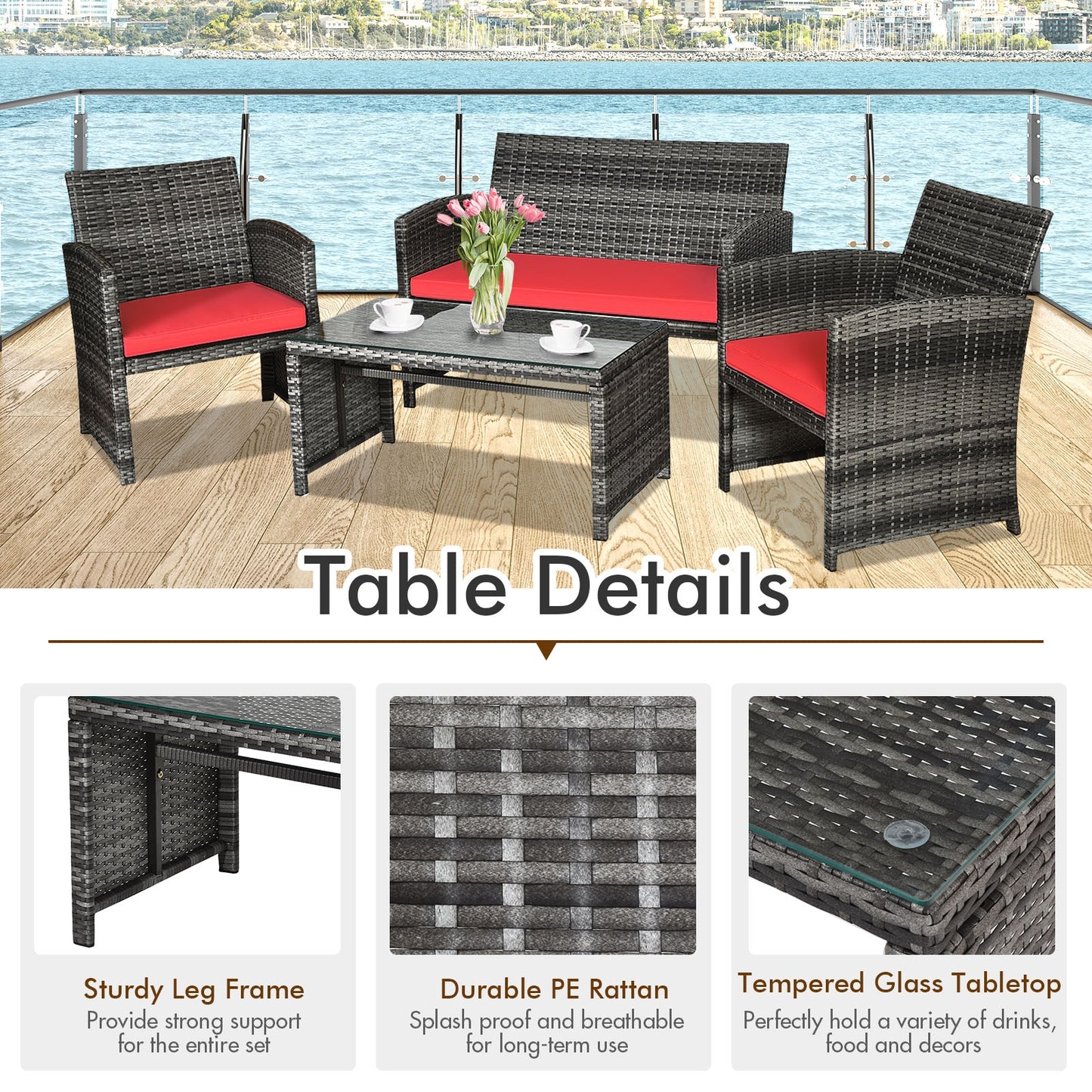 4 Piece Patio Rattan Furniture Set With Cushions, Red Patio Conversation Sets at Gallery Canada