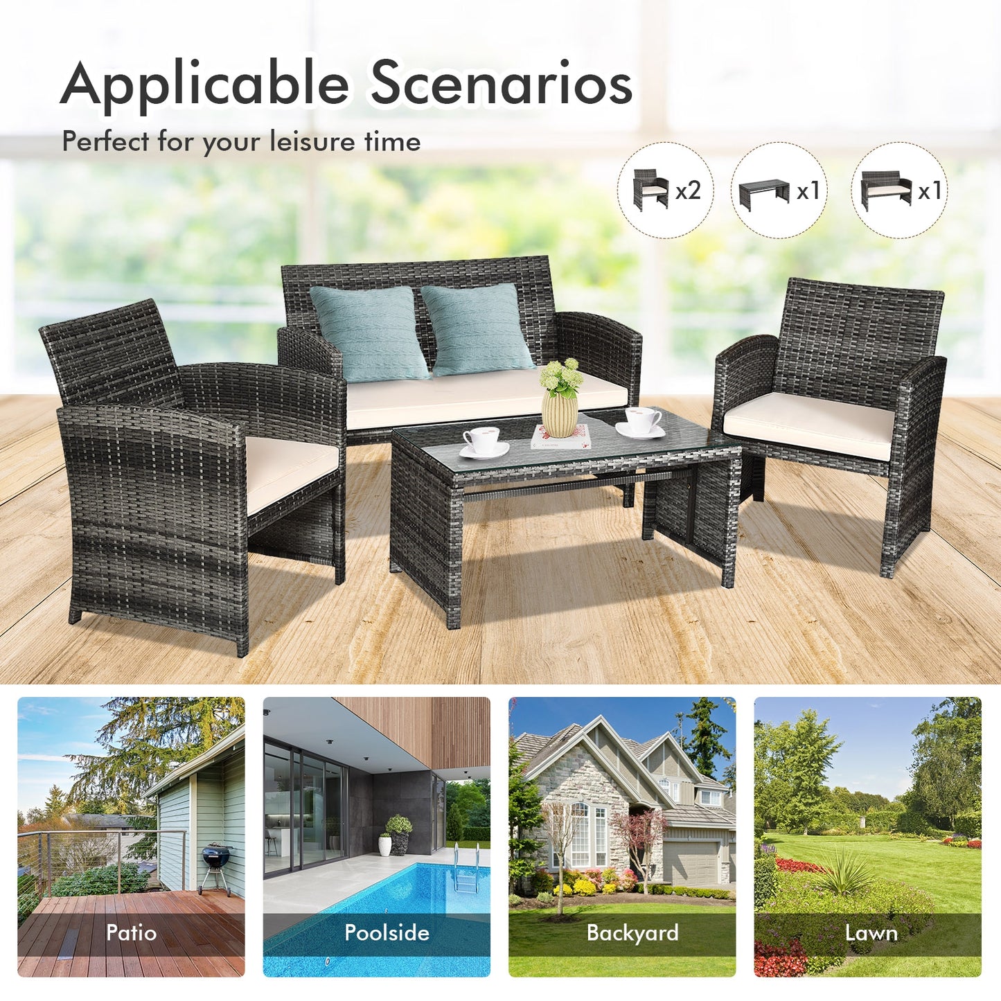 4 Pcs Patio Rattan Furniture Set, White Patio Conversation Sets at Gallery Canada
