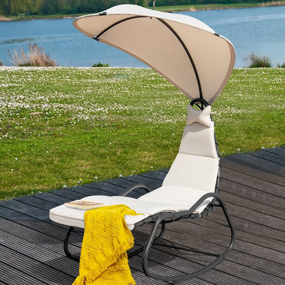 Chaise Lounge Swing with Wide Canopy Sun Shade and Soft Cushion, Beige at Gallery Canada