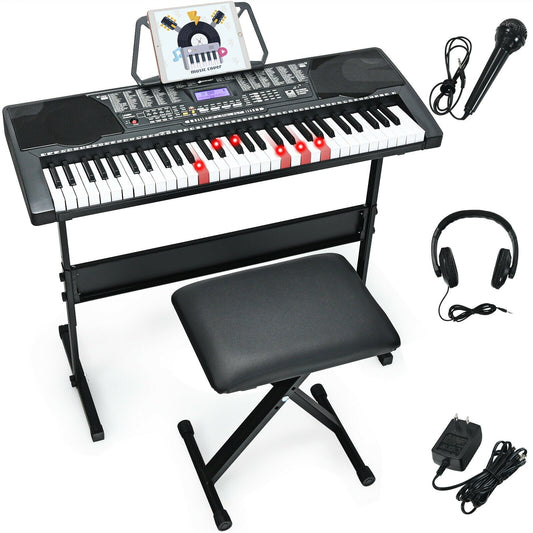 61-Key Electronic Keyboard Piano with Lighted Keys and Bench, Black
