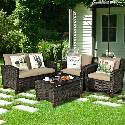 4 Pieces Patio Rattan Furniture Set with Cushions, Brown Patio Conversation Sets Brown at Gallery Canada