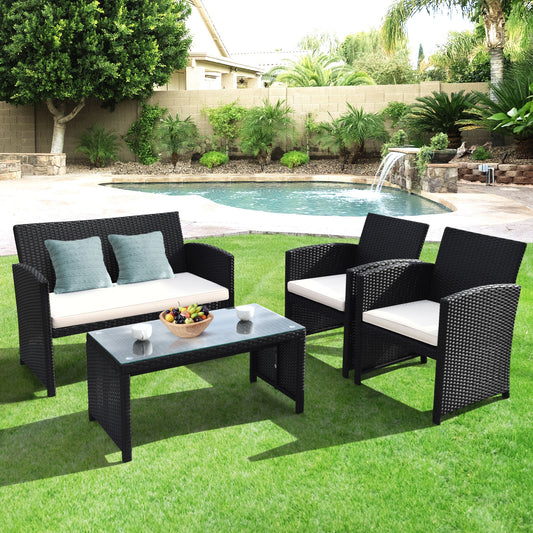 4 Piece Rattan Patio Set, Weather Resistant Cushions, Tempered Glass Tabletop, White